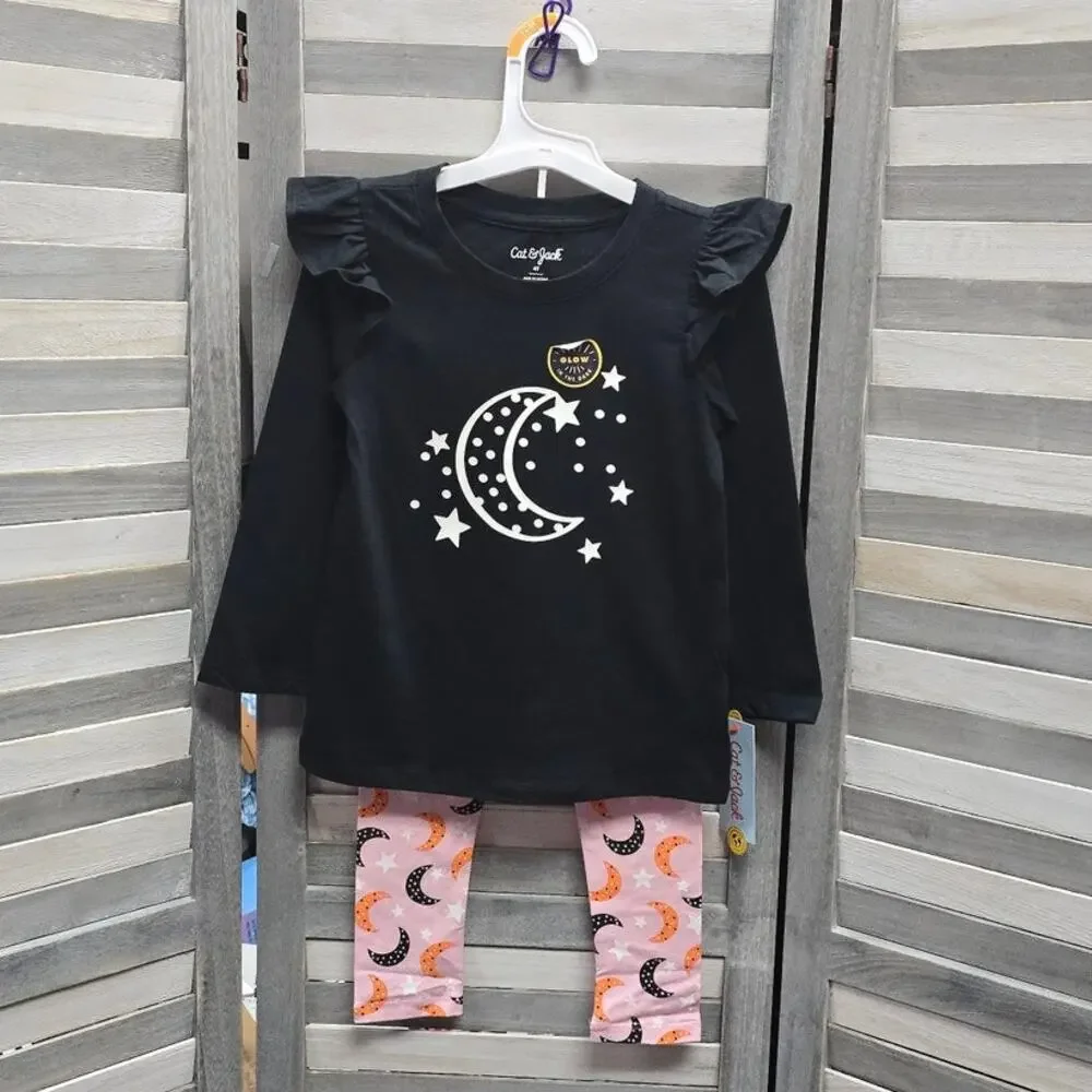 Girls Glow in the Dark Moon & Stars Halloween Outfit Shirt & Leggings Set | 4T